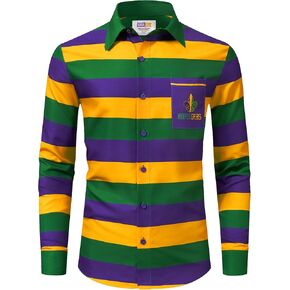 Arvilhill Mens Mardi Gras Shirt Long Sleeve Button Fat Tuesday Shirt (S-3XL) in Kuwait