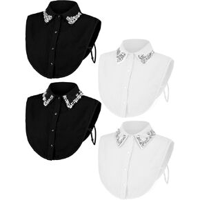 4 Pcs Women's Fake Collar Detachable Dickey Rhinestone Half Shirt Blouse False Collar Black, White