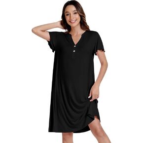 NACHILA Nightgowns for Women-Viscose Made from Bamboo, Short Sleeve Nightgown V Neck Nightshirt Soft Sleepwear Dress