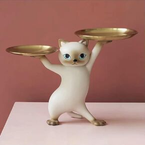 Key Bowl for Entryway Table, Fortune Cat Statue Candy Dish for Office Desk Art Home Decor (B - Grey)