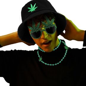 Shihanee 3 Pcs 420 Party Accessories Include Glittered Weed Glasses Weed Pot Green Bucket Hat Pot Leaf Bead Necklaces 420 Decoration for Women Men