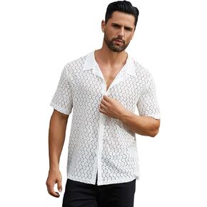 Abafip Men Shirt Shirt Lace Mesh Mesh Short Sleeve Button أسفل جوفاء من قمم العضلات الهذيان غير الرسمية
