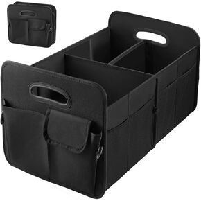 70L Lovable Trunk Organizer - صندوق تخزين للسيارات قوي لسيارات الدفع الرباعي وسيارات السيدان ، يحمل أدوات وملحقات ، 3 مقصورات ، أسود ، 23.2 "× 14.6" × 12.2 "
