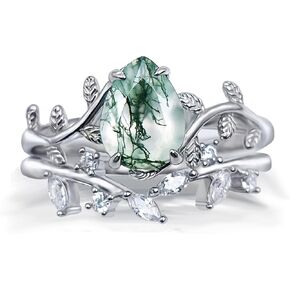 Wasee Natural Moss Agate Ring Set 925 Sterling Silver Green Green Pear Moss Agate خاتم الخاتم خاتم الزفاف للنساء ، وحجم الخاتم 7