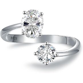 Moissanite Toi Et Moi Ring - 925 Sterling Silver 8mm 2.1CT White/Blue/Green Adjustable Moissanite Engagement Ring Promise Wedding Rings Jewelry Gifts for Women