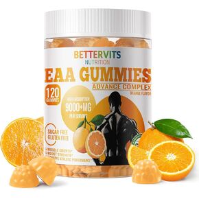 EAA Gummies 120 Gummies (Orange), 9000 mg Essential Amino Acids - All 9 Essential Aminos (EAA) and All Branched-Chain Aminos (BCAAs), Non-GMO, Gluten Free, Vegetarian Friendly