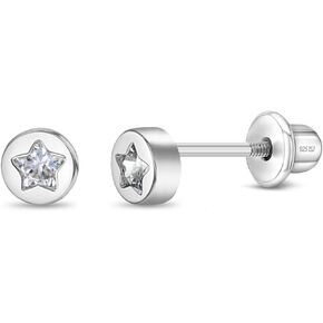 925 Sterling Silver Round Star Shaped Cubic Zirconia Safety Screw Back Earrings For Young Girls - Children's Star Shaped Earrings for Everyday - Tiny Round Toddler Earrings