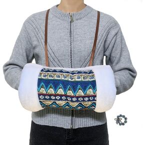 Faux Fur Hand Muffs for Women Girls, Soft Plush Vintage Pattern Hand Warmer Pouch with Neck Cord, Warm Hand Muffler for Cold Weather, with Bowknot Brooch Pin (White)