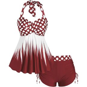 Rosegal Womens Plus Size Polka Dot Halter Twist Cinched Ruched Boyshorts Tankini