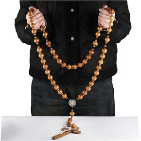 Super Jumbo Holy Large Wall Wall Wall Natural 20mm Beads Wood Chain St.Benedict يسوع يعبر كبير 43 بوصة روزاريو (الخشب البني الفاتح)