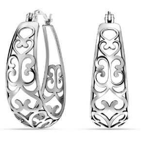 Lecalla 925 Sterling Silver Chunky Hoop أقراط | filigree شبكة القلب انقر فوق الأطواق العلوية للنساء