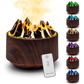 Volcano Diffuser & Humidifier, 300ml Ultrasonic Essential Oil Diffuser, Flame Aroma Diffuser with 6-Color LED Light, Cool Mist Humidifier, Auto Shut-Off for Home & Office (Dark Wood)