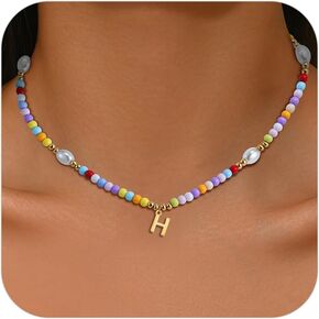 Colorful Beaded Initial Necklace for Teen Girls, Trendy Dainty Pearl Letter Choker Charm Necklaces for Kids Women, Handmade 14K Gold Plated Bohomian Birthday Personalized A-Z Jewelry Gifts