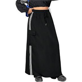 Women's Plus Size Stripe Side Cargo Skirt Drawstring Elastic Waist Maxi Long Skirts