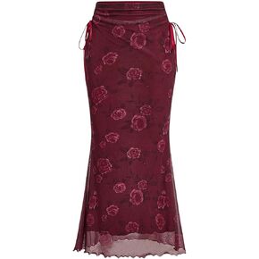 Verdusa Women's Floral Bow Tied Mesh Long Skirt Ruched Drawstring Fishtail Bodycon Skirts