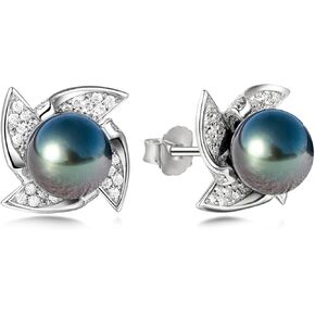 أقراط لؤلؤة أسود تاهيتي ، 8-9 ملم AAA مختارة من الأركان السوداء السوداء مع أقراط D Moissanite و 18K الذهب الأبيض المطلي بالولاية ، هدايا فاخرة للنساء ، الأم ، الصديقة ، الذكرى السنوية ، عيد ميلاد ، عيد الحب ، الأمهات الأم.
