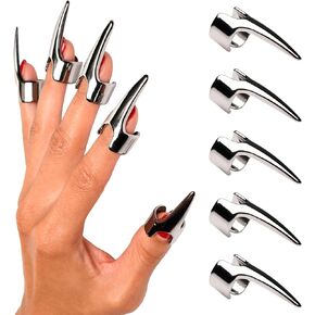5pc Claw Rings for Men, Women & Couples. Gothic, Punk, Halloween Claws Cosplay, Finger Nail Tip, Full Hand Ring Set, Stainless Steel Rings, Adjustable Bands, Nickel-Free Metal. 5 Piece Set, Silver.