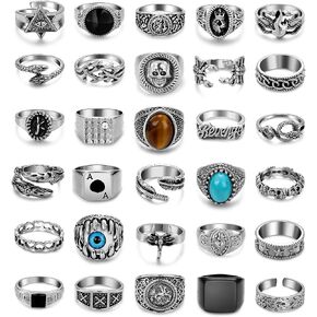 30Pcs Punk Ring for Men Women Cool Vintage Ring Silver Gothic Hippie Knuckle Ring Pack Adjustable Stackable Chunky Snake Skull Eye Ring