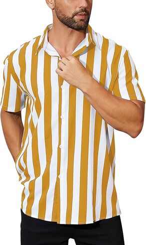 OLEMEK Men’s Casual Shirts Short Sleeve Button Down Shirt Summer Beach Hawaiian Striped Dress Shirt in Saudi Arabia