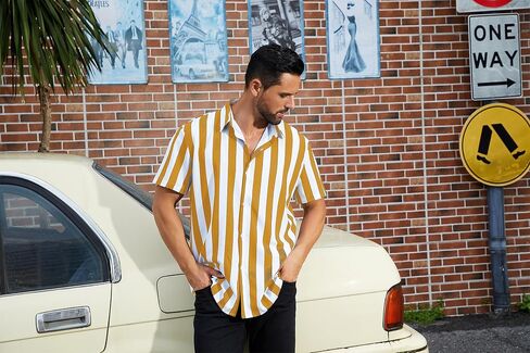 OLEMEK Men’s Casual Shirts Short Sleeve Button Down Shirt Summer Beach Hawaiian Striped Dress Shirt in Saudi Arabia