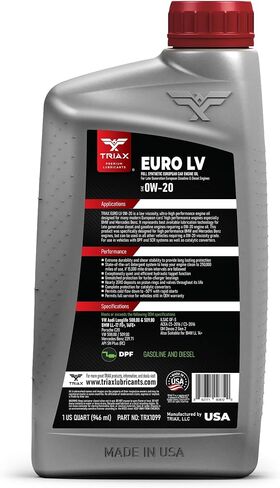 زيت محرك TRIAX Euro LV 0W-20 Full Syn PAO Esters متوافق مع BMW LL-12+، LL-17+، MB 229.71، VW 508.00/509.00 (1 كوارت) in Saudi Arabia