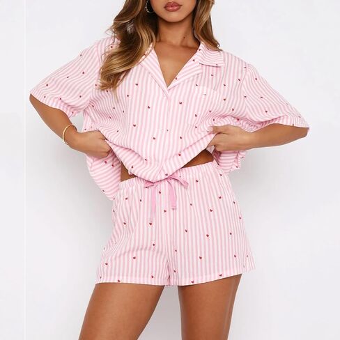 XBTCLXEBCO Women Valentines Pajama Sets Heart Print Short Sleeve Button Down Tops and Shorts 2 Piece Pjs Set Loungewear in Saudi Arabia
