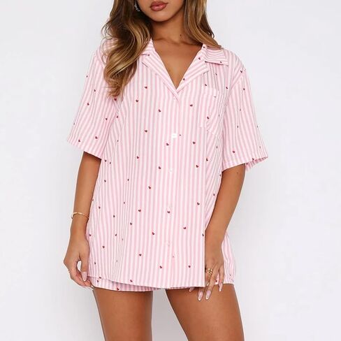 XBTCLXEBCO Women Valentines Pajama Sets Heart Print Short Sleeve Button Down Tops and Shorts 2 Piece Pjs Set Loungewear in Saudi Arabia