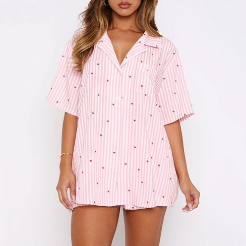 XBTCLXEBCO Women Valentines Pajama Sets Heart Print Short Sleeve Button Down Tops and Shorts 2 Piece Pjs Set Loungewear in Saudi Arabia