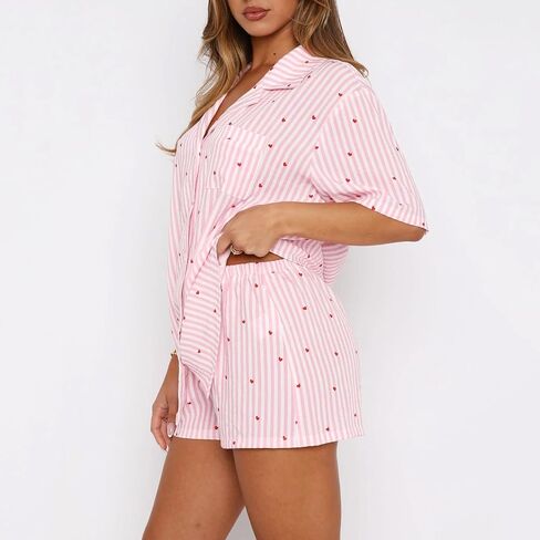 XBTCLXEBCO Women Valentines Pajama Sets Heart Print Short Sleeve Button Down Tops and Shorts 2 Piece Pjs Set Loungewear in Saudi Arabia