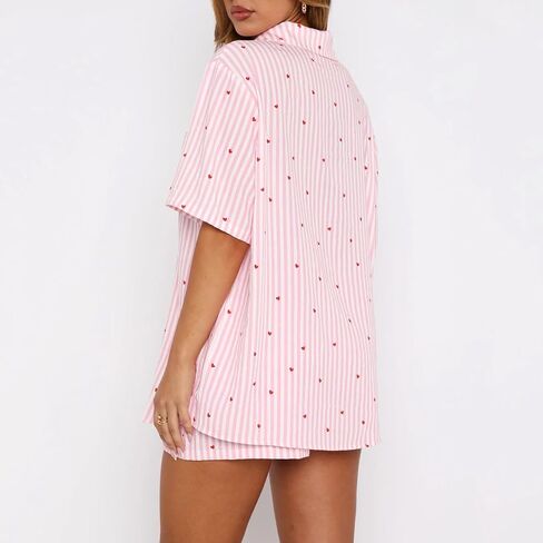 XBTCLXEBCO Women Valentines Pajama Sets Heart Print Short Sleeve Button Down Tops and Shorts 2 Piece Pjs Set Loungewear in Saudi Arabia