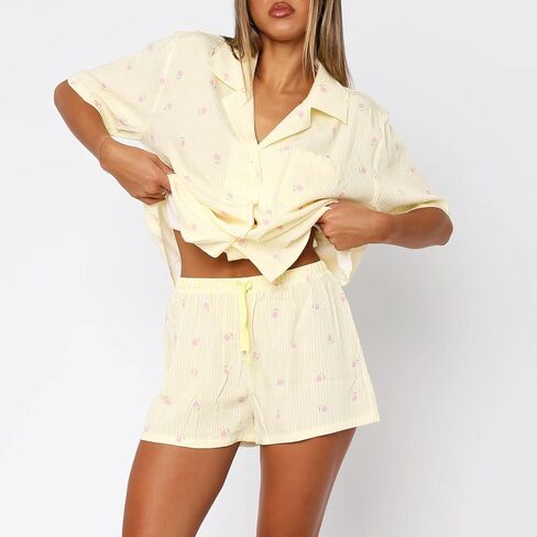 XBTCLXEBCO Women Valentines Pajama Sets Heart Print Short Sleeve Button Down Tops and Shorts 2 Piece Pjs Set Loungewear in Saudi Arabia