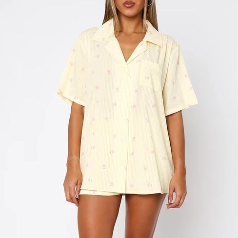 XBTCLXEBCO Women Valentines Pajama Sets Heart Print Short Sleeve Button Down Tops and Shorts 2 Piece Pjs Set Loungewear in Saudi Arabia