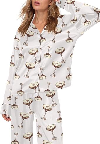 Sheshow Satin Pajamas for Women ضبط زر الأكمام الطويلة لأسفل ملابس النوم 2 قطعة نايت ينسى نساء PJS Size XS-XXL in Kuwait