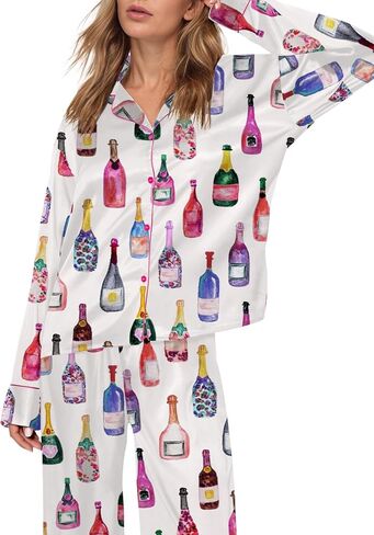 Sheshow Satin Pajamas for Women ضبط زر الأكمام الطويلة لأسفل ملابس النوم 2 قطعة نايت ينسى نساء PJS Size XS-XXL in Kuwait