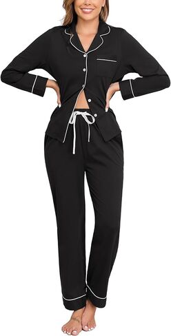 Veseacky 100% Cotton Pajamas for Women Set Long Sleeve Button Down Sleepwear Soft Pjs Lounge Sets with Pockets S-XXL in Kuwait