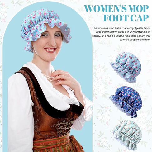 Geyoga 3 PCS Floral Mop Cap Pioners Bonnet Colonial Mop Hats Hat Compital Maid Hat for Women Consolial Assume Assories in Saudi Arabia