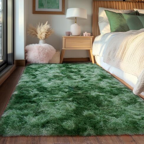Tie-Dyed Green Fluffy Rug for Bedroom 4x5.9 Feet - Ultra Soft & Anti-Skid Shaggy Area Rug, Comfy Durable Carpet for Living Room & Kids Dorm Nursery, Home Decor Aesthetic in Kuwait