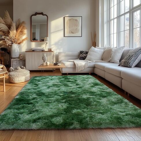 Tie-Dyed Green Fluffy Rug for Bedroom 4x5.9 Feet - Ultra Soft & Anti-Skid Shaggy Area Rug, Comfy Durable Carpet for Living Room & Kids Dorm Nursery, Home Decor Aesthetic in Kuwait