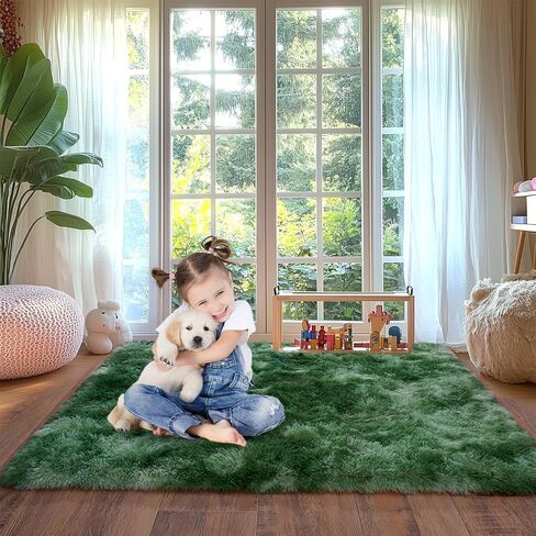 Tie-Dyed Green Fluffy Rug for Bedroom 4x5.9 Feet - Ultra Soft & Anti-Skid Shaggy Area Rug, Comfy Durable Carpet for Living Room & Kids Dorm Nursery, Home Decor Aesthetic in Kuwait