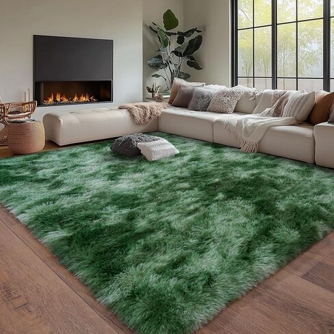 Tie-Dyed Green Fluffy Rug for Bedroom 4x5.9 Feet - Ultra Soft & Anti-Skid Shaggy Area Rug, Comfy Durable Carpet for Living Room & Kids Dorm Nursery, Home Decor Aesthetic in Kuwait