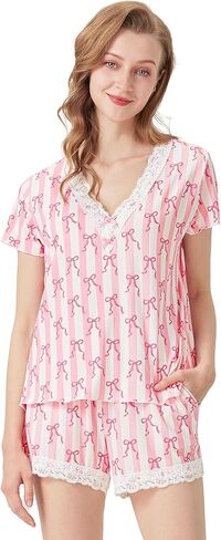 Women's Pajamas Set-Viscose Made from Bamboo, Short Sleeve Pjs with Shorts Cool Sleepwear Soft Loungewear in Kuwait