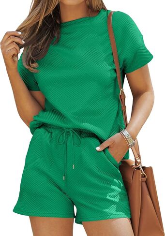 Ekouaer Lounge Sets for Women Textured 2 Piece Shorts Set Cozy Summer Outfits Casual Loungewear Short Sleeve Sweatsuits in Saudi Arabia
