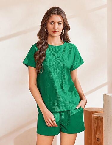 Ekouaer Lounge Sets for Women Textured 2 Piece Shorts Set Cozy Summer Outfits Casual Loungewear Short Sleeve Sweatsuits in Saudi Arabia