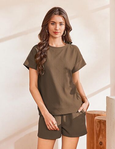 Ekouaer Lounge Sets for Women Textured 2 Piece Shorts Set Cozy Summer Outfits Casual Loungewear Short Sleeve Sweatsuits in Saudi Arabia