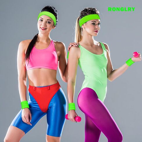 Ronglry 80s Neon Sweatbands Set 80s 90s Outfits for Women Sports Wristband and Headband Neon Sweat Band 80 s Accessories for Women Sweatband for Glow Party Supplies Halloween Costume in Saudi Arabia