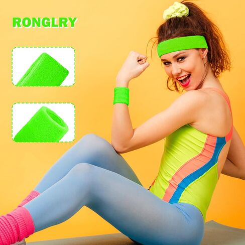 Ronglry 80s Neon Sweatbands Set 80s 90s Outfits for Women Sports Wristband and Headband Neon Sweat Band 80 s Accessories for Women Sweatband for Glow Party Supplies Halloween Costume in Saudi Arabia