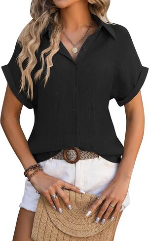 Women's Fold Lines Short Sleeve Button Down T Shirts Lapel Collar Blouses Tops in Saudi Arabia