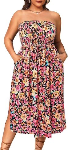 Pinup Fashion Plus Size Swimsuit Cover Ups Women Strapless Midi Sundress with Pockets in Saudi Arabia