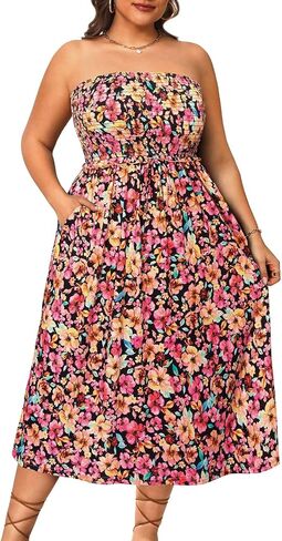 Pinup Fashion Plus Size Swimsuit Cover Ups Women Strapless Midi Sundress with Pockets in Saudi Arabia