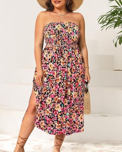 Pinup Fashion Plus Size Swimsuit Cover Ups Women Strapless Midi Sundress with Pockets in Saudi Arabia